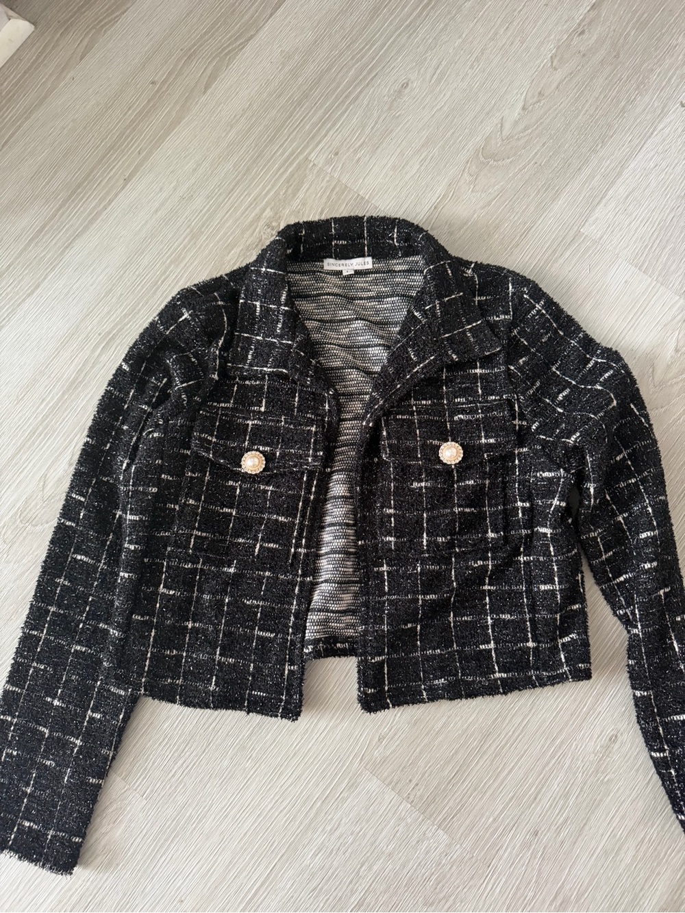 Sincerely Jules Black Tweed Cropped Blazer with Gold Buttons